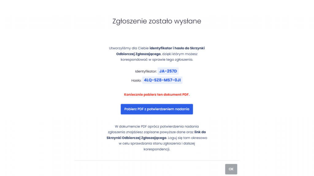 PDF z potwierdzeniem nadania zgłoszenia w Sygnanet